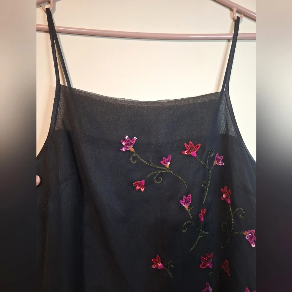 Vintage Phoebe Petites Black Beaded Floral Sheer Dress Sz 12 Fits Small Y2K 90s - Picture 3 of 8